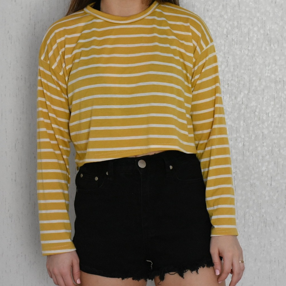 Yellow Striped Long Sleeve Crop Top